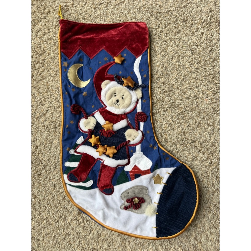 Vintage Appliqué Christmas Stocking  Blue Velvet Santa Teddy‎ Bear Stars Moon